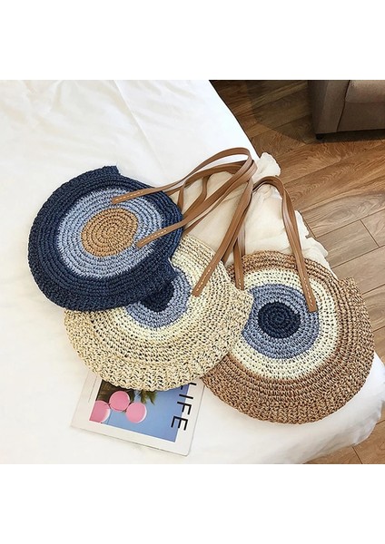 6 Beige Style Büyük Kapasiteli Yuvarlak Fermuar Şık Hasır Dokuma Çanta El Yapımı Yaz Plaj Seyahat Tatil Kadın Çantaları (Yurt Dışından) indirimleri
