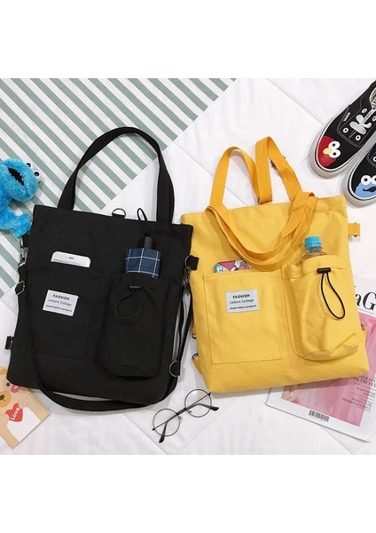Siyah2 Tarzı Simple Women Package Print Cute Bear Canvas Bag Handbags Japanese Literary Shoulder Bag Casual Shopping Tote Girl Handbag (Yurt Dışından)