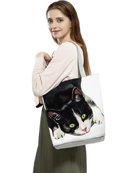 HL2494 Kedi Çanta Stili Handbgas Sevimli Suluboya Siyah Kedi Boyama Bayan Tasarımcı Tote Eco Yeniden Kullanılabilir Alışveriş Alışveriş Çantaları Okul Kitap Çantası Özelleştirmek (Yurt Dışından) fırsatları
