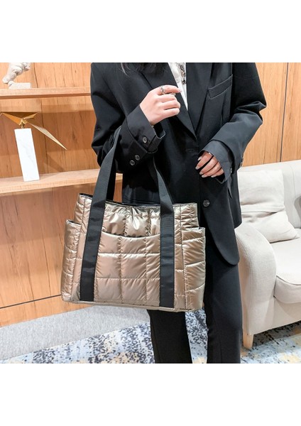 D Siyah 35X30X17CM Stili Sonbahar Kış Naylon Kadın Büyük Kapasiteli Çanta Rahat Kapitone Kafes Omuz Çantaları Kadın Düz Renk Alışveriş Çantaları Tote (Yurt Dışından) fiyatları