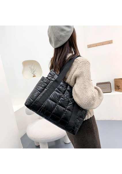 D Siyah 35X30X17CM Stili Sonbahar Kış Naylon Kadın Büyük Kapasiteli Çanta Rahat Kapitone Kafes Omuz Çantaları Kadın Düz Renk Alışveriş Çantaları Tote (Yurt Dışından) modelleri