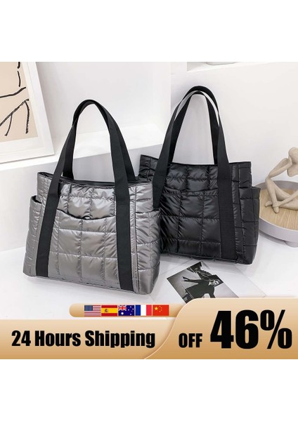 D Siyah 35X30X17CM Stili Sonbahar Kış Naylon Kadın Büyük Kapasiteli Çanta Rahat Kapitone Kafes Omuz Çantaları Kadın Düz Renk Alışveriş Çantaları Tote (Yurt Dışından) indirimleri