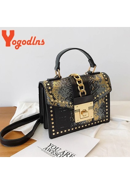 Siyah Gümüş Tarzı Detay Sayfası Olarak Yogodlns Lüks Serpantin Omuz Çantası Kadın Pu Deri Crossbody Çanta Moda Zincirler Messenger Çanta S Kilit Bayan Çanta Kesesi (Yurt Dışından)