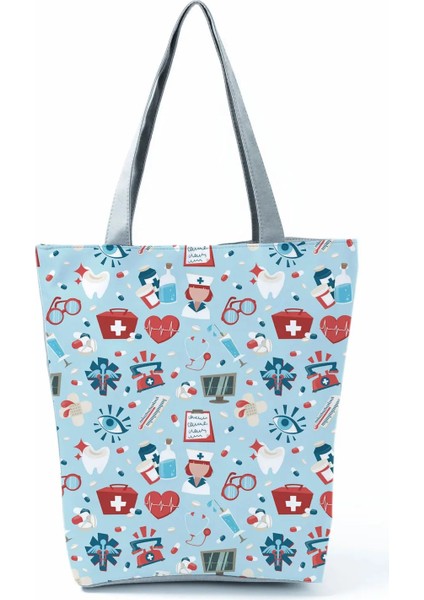 HL2330 Hemşire Stili Karikatür Bayan Hemşire Baskılı Çanta Katlanabilir Yüksek Kapasiteli Kadın Omuz Çantası Eko Yeniden Kullanılabilir Alışveriş Çantası Seyahat Plaj Çantası (Yurt Dışından)
