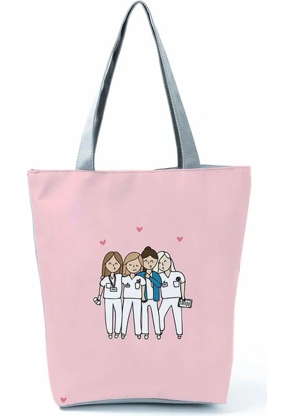 HL2330 Hemşire Stili Karikatür Bayan Hemşire Baskılı Çanta Katlanabilir Yüksek Kapasiteli Kadın Omuz Çantası Eko Yeniden Kullanılabilir Alışveriş Çantası Seyahat Plaj Çantası (Yurt Dışından) indirimleri