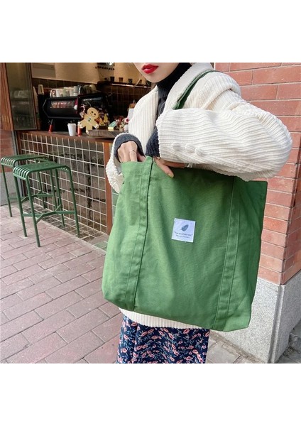 Yeşil Stil 36X12X33CM Yeni Retro Kadın Omuz Çantası Basit Düz Renk Küçük Taze Kanvas Çanta Edebi Kadın Toka Tote Çanta Büyük Kapasiteli Çanta (Yurt Dışından)
