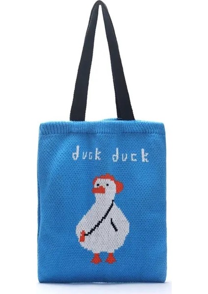 Mavi Ördek Tarzı Yoreai Kadınlar Örgü Omuz Çantaları Sevimli Ördek Bayanlar Karikatürler Çanta Rahat Tote Edebi Bookbag Yün Kızlar Için Alışveriş Çantası (Yurt Dışından)