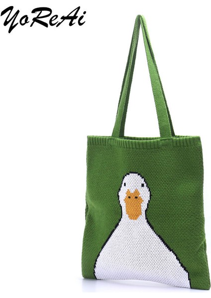Mavi Ördek Tarzı Yoreai Kadınlar Örgü Omuz Çantaları Sevimli Ördek Bayanlar Karikatürler Çanta Rahat Tote Edebi Bookbag Yün Kızlar Için Alışveriş Çantası (Yurt Dışından)