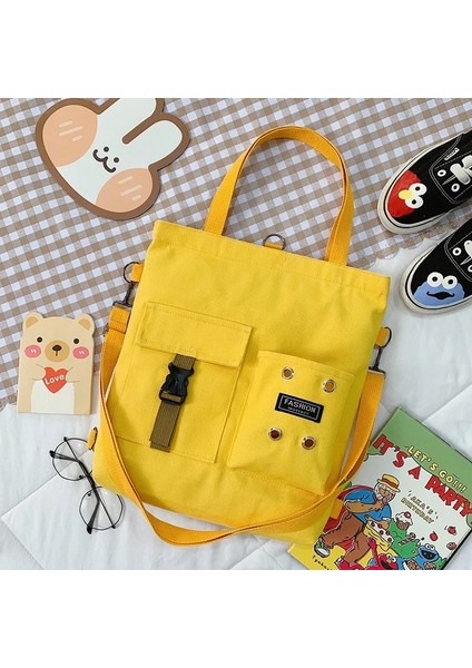 Yellow No Pendant Style Women New Cute Bear Cartoon Canvas Bag Female Fashion Cool Girl Student School Class Shoulder Crossbody Messenger Bag Satchels (Yurt Dışından)