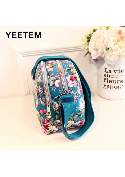 Qiuming Shop Mavi Göl Stili Moda Çiçek Renkli Baskılı Tuval Bayan Messenger Çanta Trend Omuz Çantası Naylon Casual Messenger Çanta Yaşlı Hediye (Yurt Dışından)