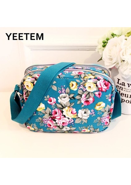 Qiuming Shop Mavi Göl Stili Moda Çiçek Renkli Baskılı Tuval Bayan Messenger Çanta Trend Omuz Çantası Naylon Casual Messenger Çanta Yaşlı Hediye (Yurt Dışından)