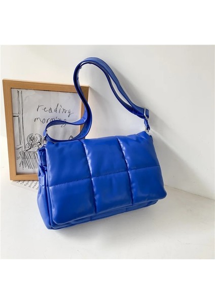 Qiuming Shop Mavi Stil 35CMX24CMX10CM 2021 Kış Kabarık Bayan Omuz Çantası Kapitone Ekose Lüks Tasarım Çanta Minimalist Kadın Flap Crossbody Çanta (Yurt Dışından)