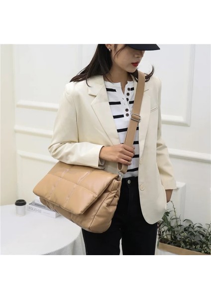 Qiuming Shop Mavi Stil 35CMX24CMX10CM 2021 Kış Kabarık Bayan Omuz Çantası Kapitone Ekose Lüks Tasarım Çanta Minimalist Kadın Flap Crossbody Çanta (Yurt Dışından)