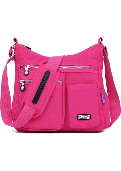 Sıcak Pembe Tarzı Moda Kadın Naylon Omuz Çantaları Çok Fermuarlı Cep Postacı Çantaları Su Geçirmez Crossbody Çanta Üst Saplı Satchel Çanta Tote (Yurt Dışından)
