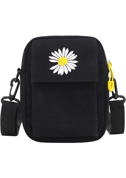 Siyah Stil Kadın Omuz Çantası Yaz Çantası Sevimli Papatya Çantası Rahat Tote Açık Kanvas Çanta Fermuar Postacı Çantaları Madeni Para Tutacağı Çanta (Yurt Dışından)