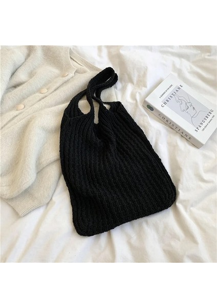 Siyah Stil Kadınlar Için Yeni Yün Örme Omuz Alışveriş Çantası Vintage Moda Pamuklu Bez Kız Tote Shopper Çanta Büyük Kadın Çanta (Yurt Dışından)