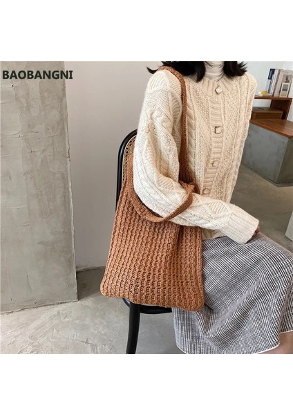 Siyah Stil Kadınlar Için Yeni Yün Örme Omuz Alışveriş Çantası Vintage Moda Pamuklu Bez Kız Tote Shopper Çanta Büyük Kadın Çanta (Yurt Dışından)