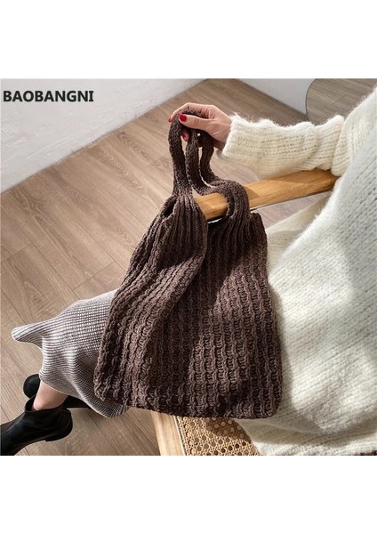 Siyah Stil Kadınlar Için Yeni Yün Örme Omuz Alışveriş Çantası Vintage Moda Pamuklu Bez Kız Tote Shopper Çanta Büyük Kadın Çanta (Yurt Dışından)