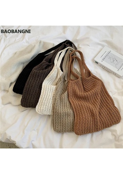 Siyah Stil Kadınlar Için Yeni Yün Örme Omuz Alışveriş Çantası Vintage Moda Pamuklu Bez Kız Tote Shopper Çanta Büyük Kadın Çanta (Yurt Dışından)