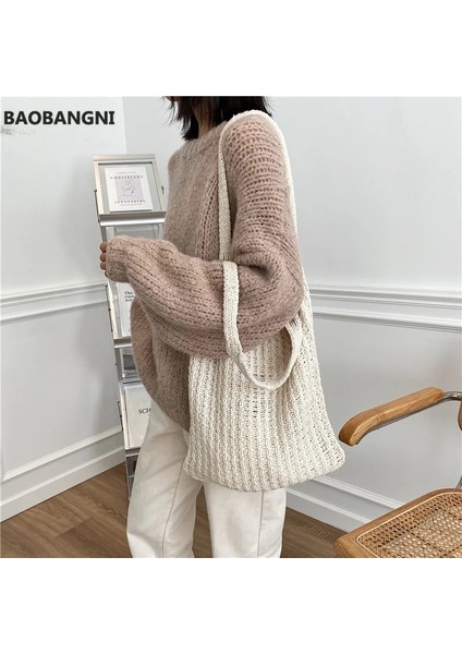 Siyah Stil Kadınlar Için Yeni Yün Örme Omuz Alışveriş Çantası Vintage Moda Pamuklu Bez Kız Tote Shopper Çanta Büyük Kadın Çanta (Yurt Dışından)