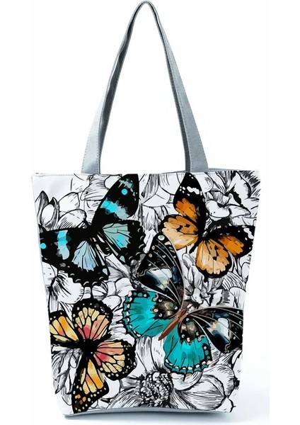 HL1305 Stili Butterfly Printed Cartoon Handbag Classic Floral High Capacity Foldable Shopping Bag Storage Reusable Women Shoulder Bag (Yurt Dışından) indirimleri