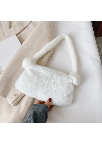Beyaz B Stili Ins Moda Kadın Çiçek Baskı Küçük Omuz Çantaları Yeni Kış Peluş Koltukaltı Çanta Kadın Kabarık Bez Çantalar Seyahat Çantaları (Yurt Dışından)
