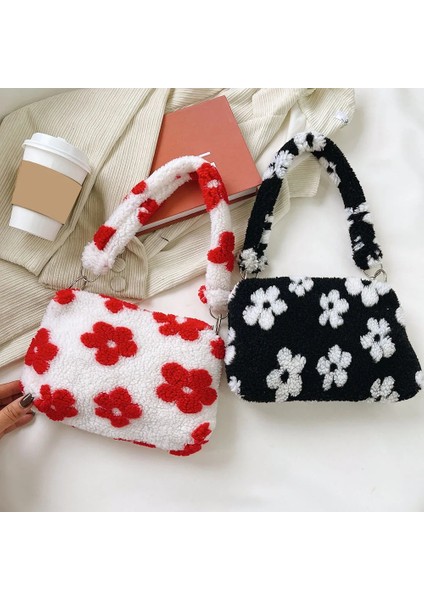Beyaz B Stili Ins Moda Kadın Çiçek Baskı Küçük Omuz Çantaları Yeni Kış Peluş Koltukaltı Çanta Kadın Kabarık Bez Çantalar Seyahat Çantaları (Yurt Dışından) fiyatları