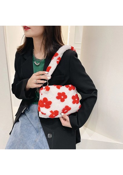 Beyaz B Stili Ins Moda Kadın Çiçek Baskı Küçük Omuz Çantaları Yeni Kış Peluş Koltukaltı Çanta Kadın Kabarık Bez Çantalar Seyahat Çantaları (Yurt Dışından) fırsatları