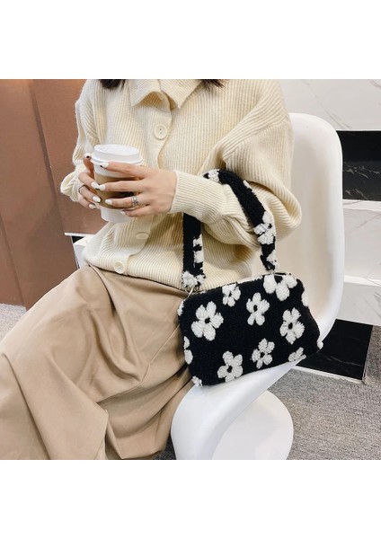 Beyaz B Stili Ins Moda Kadın Çiçek Baskı Küçük Omuz Çantaları Yeni Kış Peluş Koltukaltı Çanta Kadın Kabarık Bez Çantalar Seyahat Çantaları (Yurt Dışından) indirimleri