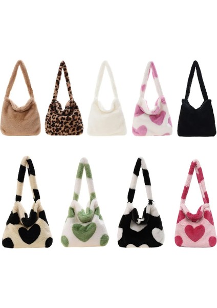 Siyah C Stili 30X25X6CM 2021 Kış Aşk Kalp Baskı Çantaları Kadınlar Için Yumuşak Peluş Leopar Baskı Çantaları Kadın Büyük Kapasiteli Bez Çantalar Sıcak Kabarık Seyahat Çantası (Yurt Dışından)