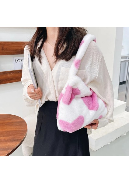 Siyah C Stili 30X25X6CM 2021 Kış Aşk Kalp Baskı Çantaları Kadınlar Için Yumuşak Peluş Leopar Baskı Çantaları Kadın Büyük Kapasiteli Bez Çantalar Sıcak Kabarık Seyahat Çantası (Yurt Dışından)