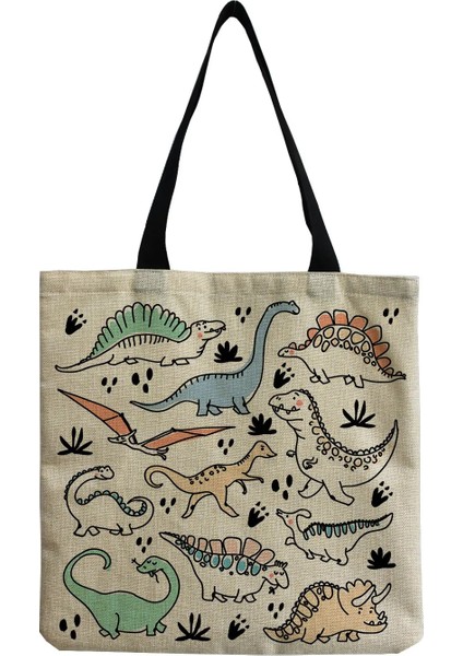 HM2557 Tarzı Karikatür Sevimli Dinozor Baskılı Tote Keten Kişilik Kız Omuz Çantası Büyük Kapasiteli Seyahat Depolama Paketleri Kadın Alışveriş Çantası (Yurt Dışından) fiyatları