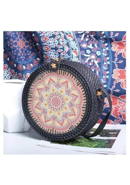 Kırmızı Stil Dokuma Kamış Örgü Çanta Yuvarlak Hasır Omuz Çantası Küçük Plaj Çantaları Kadın Yaz Hollow El Yapımı Messenger Crossbody Çanta (Yurt Dışından)