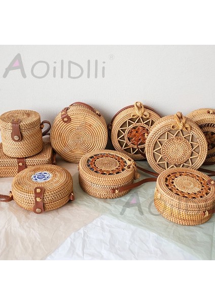 Kırmızı Stil Dokuma Kamış Örgü Çanta Yuvarlak Hasır Omuz Çantası Küçük Plaj Çantaları Kadın Yaz Hollow El Yapımı Messenger Crossbody Çanta (Yurt Dışından) fırsatları