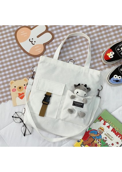 Inek Kolye Beyaz Stil Kawaii Karikatür Tote Çanta Kanvas Çanta Alışveriş Çantası Süper Serin Çanta Omuz Çantaları Kız Kitap Çantaları Için Bolsa Feminina Mochila (Yurt Dışından)