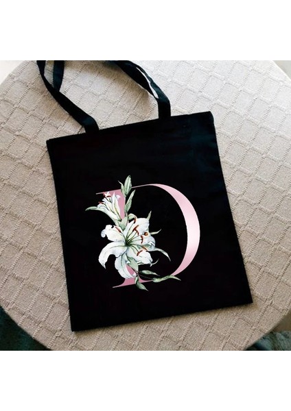 G2183-TBBK-M Stili Zambak Mektup Baskı Kadın Alışveriş Çantası Kadın Kanvas Kumaş Omuz Çantası Eko Depolama Rahat Çanta Yeniden Kullanılabilir Katlanabilir Moda Kılıf (Yurt Dışından)