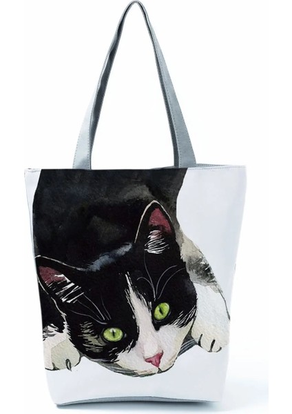 HL2756 Kedi Çanta Stili Yüksek Kapasiteli Hayvan Tasarım Çantaları Kadın Çantası Siyah Kedi Baskı Alışveriş Çantası Çanta Ofis Yeniden Kullanılabilir Rahat Omuz Çantaları (Yurt Dışından)