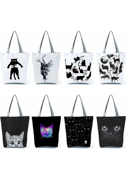 HL2756 Kedi Çanta Stili Yüksek Kapasiteli Hayvan Tasarım Çantaları Kadın Çantası Siyah Kedi Baskı Alışveriş Çantası Çanta Ofis Yeniden Kullanılabilir Rahat Omuz Çantaları (Yurt Dışından) indirimleri