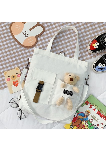 White Bear Pendant Style Women New Cute Bear Cartoon Canvas Bag Female Fashion Cool Girl Student School Class Shoulder Crossbody Messenger Bag Satchels (Yurt Dışından)