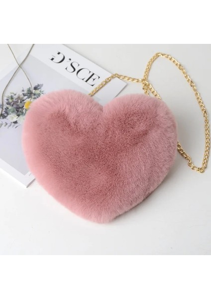 Bej Tarzı Moda Kadın Kalp Şeklinde Çanta Sevimli Kawaii Faux Kürk Crossbody Çanta Cüzdan Çanta Peluş Zincir Omuz Çantası Bayan Çanta (Yurt Dışından)