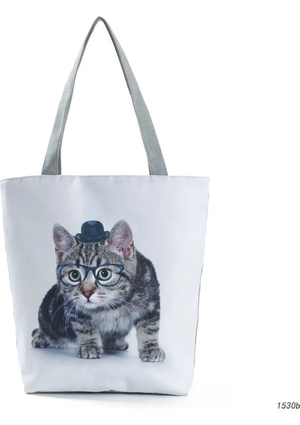 1530B Kedi Çanta Stili Yeni Bayan Bez Çantalar Siyah Beyaz Sevimli Kedi Baskılı Kumaş Eko Çanta Yüksek Kapasiteli Alışveriş Ofisi Yeniden Kullanılabilir Rahat Omuz Çantası (Yurt Dışından)