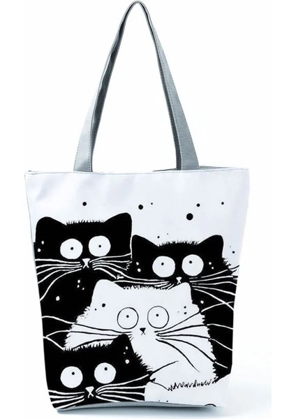HL1510 Stili Yeni Bayan Bez Çantalar Siyah Beyaz Sevimli Kedi Baskılı Kumaş Eko Çanta Yüksek Kapasiteli Alışveriş Ofisi Yeniden Kullanılabilir Rahat Omuz Çantası (Yurt Dışından) modelleri