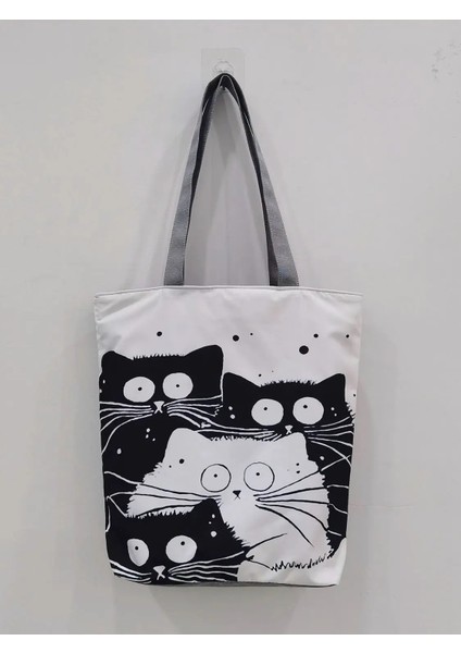 HL1510 Stili Yeni Bayan Bez Çantalar Siyah Beyaz Sevimli Kedi Baskılı Kumaş Eko Çanta Yüksek Kapasiteli Alışveriş Ofisi Yeniden Kullanılabilir Rahat Omuz Çantası (Yurt Dışından) indirimleri