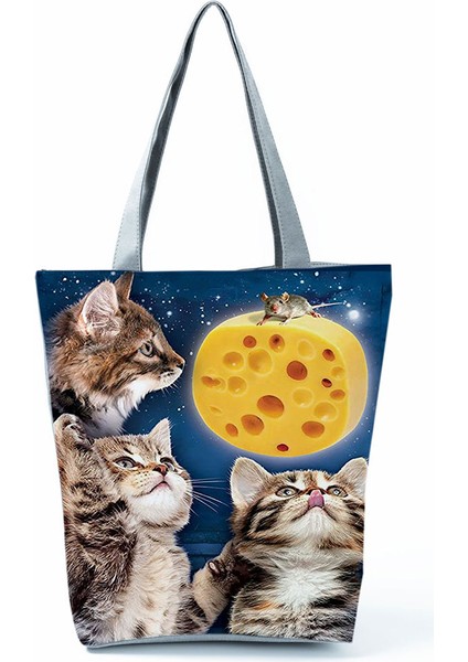 HL1247 Kedi Çanta Stili Yüksek Kapasiteli Hayvan Tasarım Çantaları Kadın Çantası Siyah Kedi Baskı Alışveriş Çantası Çanta Ofis Yeniden Kullanılabilir Rahat Omuz Çantaları (Yurt Dışından)