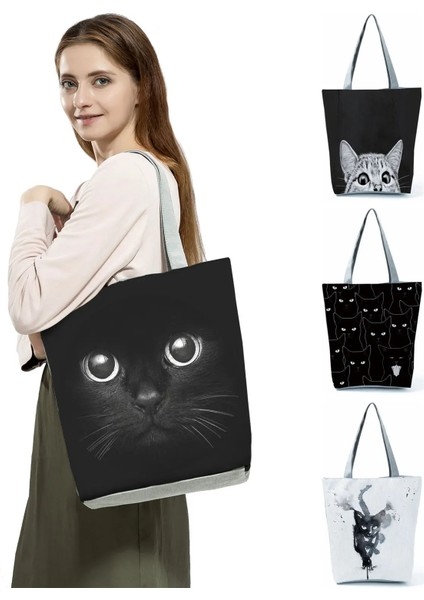 HL1247 Kedi Çanta Stili Yüksek Kapasiteli Hayvan Tasarım Çantaları Kadın Çantası Siyah Kedi Baskı Alışveriş Çantası Çanta Ofis Yeniden Kullanılabilir Rahat Omuz Çantaları (Yurt Dışından)
