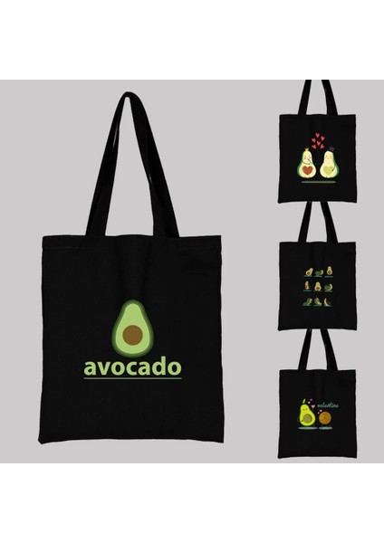 AVOKADO015 Tarzı Sevimli Avokado Karikatürler Desen Serisi Eko Kadın Alışveriş Çantaları Alışveriş Omuz Çantası Moda Siyah Baskı Çanta Kanvas Tote Çanta (Yurt Dışından)