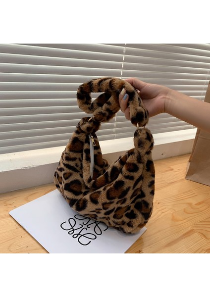 Kahverengi Leopar B Stili 30X20X5CM 2021 Ins Moda Kadın Peluş Çiçek Desenli Omuz Çantaları Zarif Kadın Koltukaltı Çantaları Faux Kürk Çanta Kürklü Kabarık Bez Çantalar (Yurt Dışından)