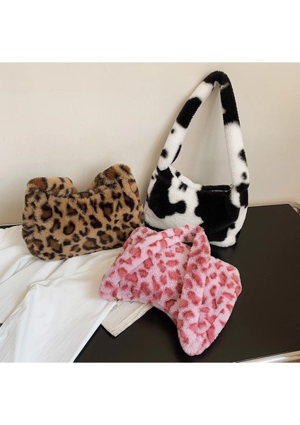 Black Peach Heart Style 2021 Winter Cow Print Underarm Bags For Women Soft Pluk Leopard Small Shoulder Bags Female Warm Fluffy Tote Bags Bolsas (Yurt Dışından)