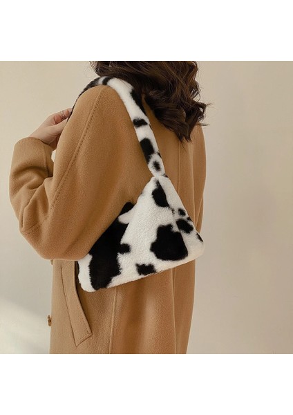 Black Peach Heart Style 2021 Winter Cow Print Underarm Bags For Women Soft Pluk Leopard Small Shoulder Bags Female Warm Fluffy Tote Bags Bolsas (Yurt Dışından)