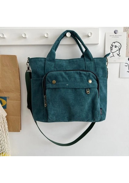 Dış Fermuar Yeşil Tarzı Hylhexyr Kadife Omuz Çantası Kadın Vintage Alışveriş Çantaları Fermuar Kız Öğrenci Bookbag Çanta Dış Cep ile Rahat Tote (Yurt Dışından)